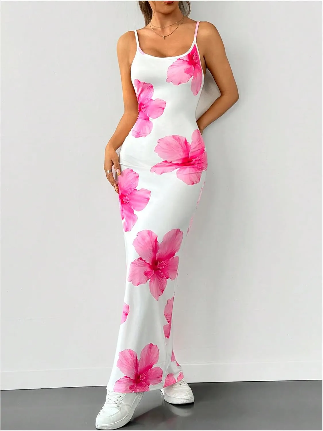Milumia Women's Floral Print Sleeveless Bodycon Maxi Dress Spaghetti Strap Cami Long Dresses