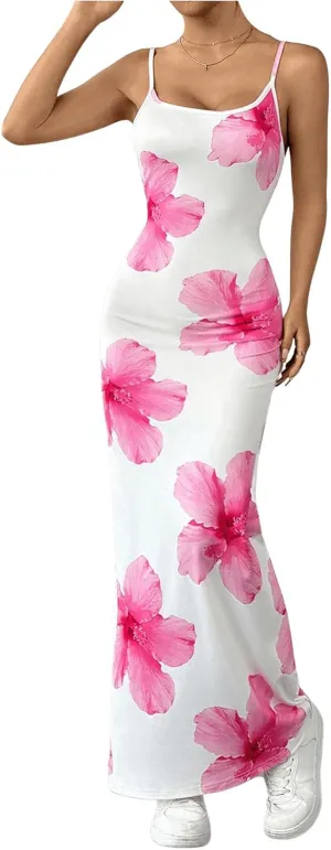 Milumia Women's Floral Print Sleeveless Bodycon Maxi Dress Spaghetti Strap Cami Long Dresses