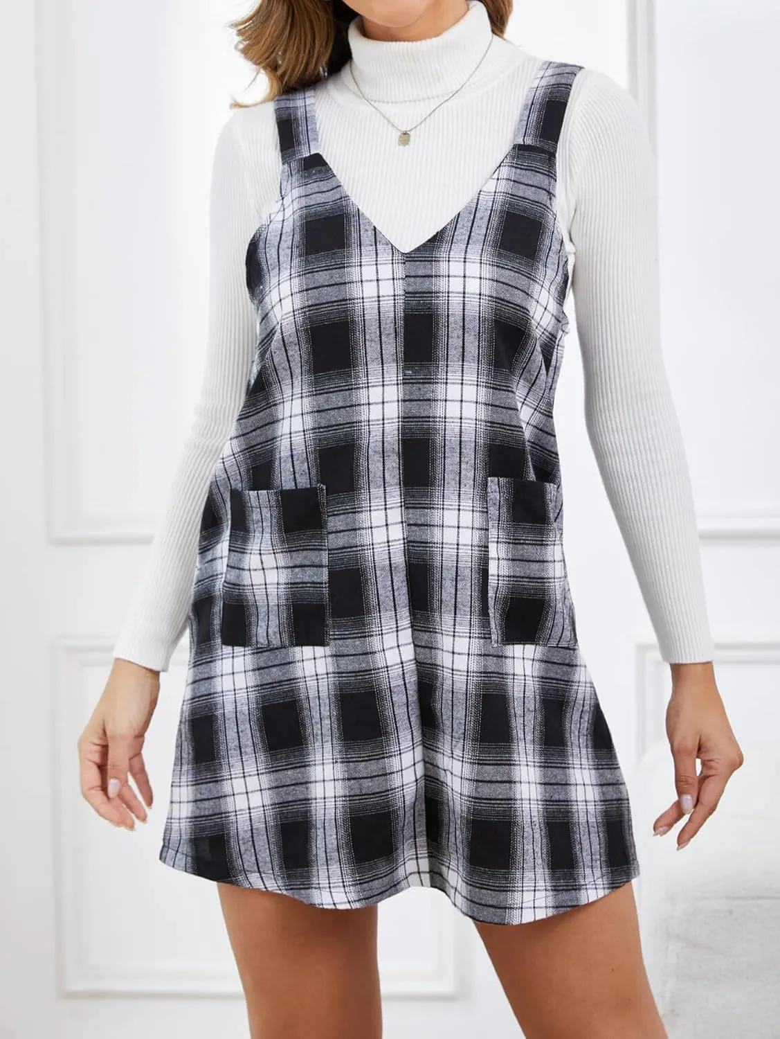 Milumia Women's Plaid V Neck Pinafore Overall Short Dress Losse Mini Jumper Dress with Pockets