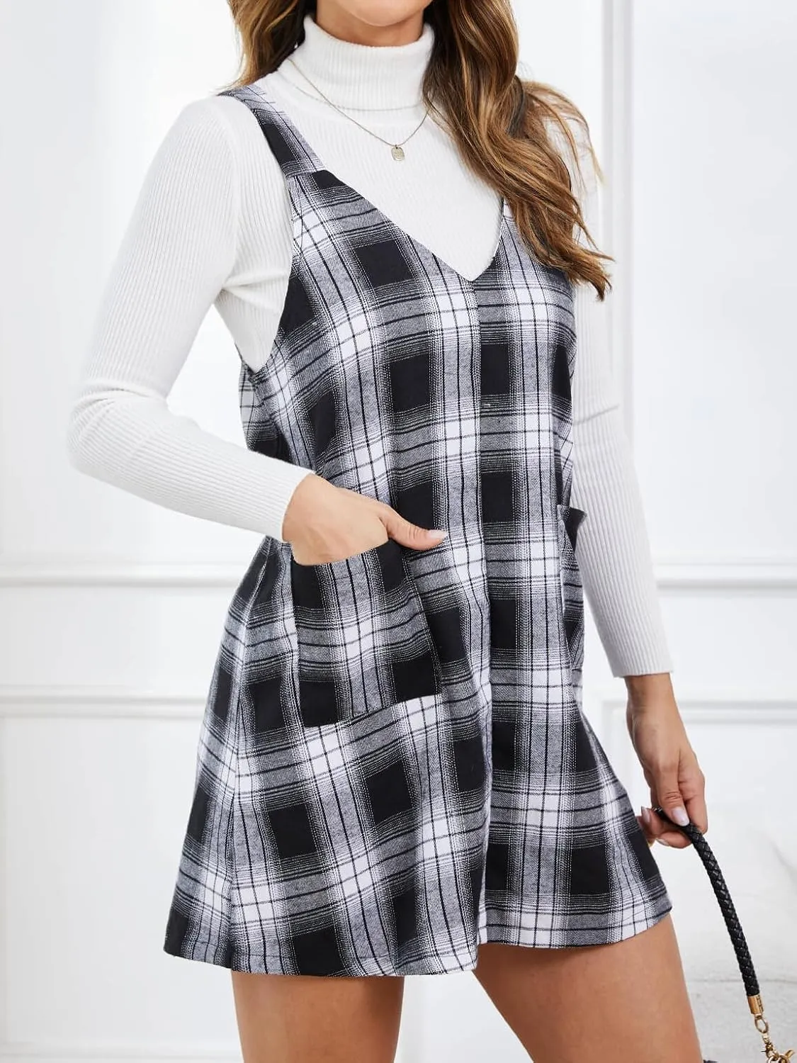 Milumia Women's Plaid V Neck Pinafore Overall Short Dress Losse Mini Jumper Dress with Pockets