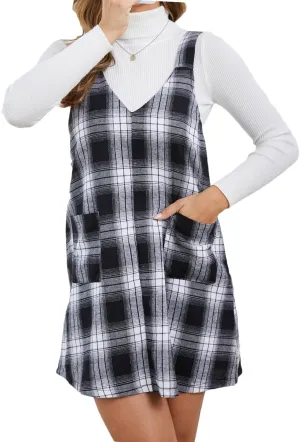 Milumia Women's Plaid V Neck Pinafore Overall Short Dress Losse Mini Jumper Dress with Pockets