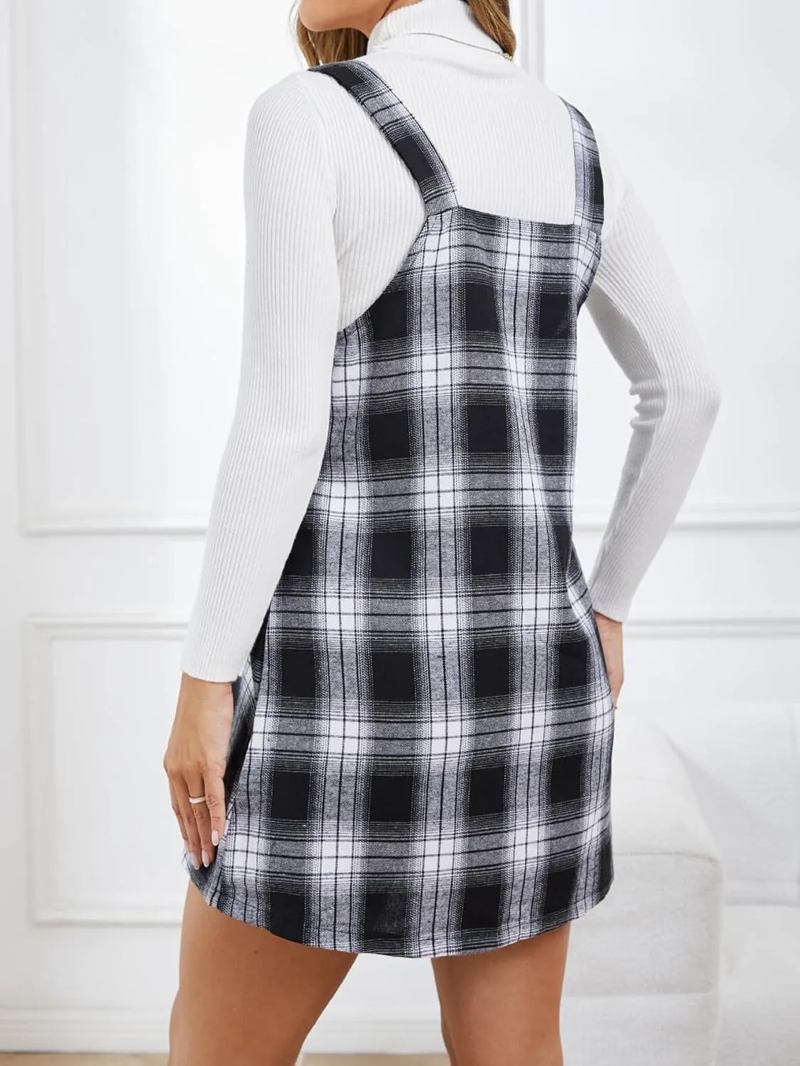 Milumia Women's Plaid V Neck Pinafore Overall Short Dress Losse Mini Jumper Dress with Pockets