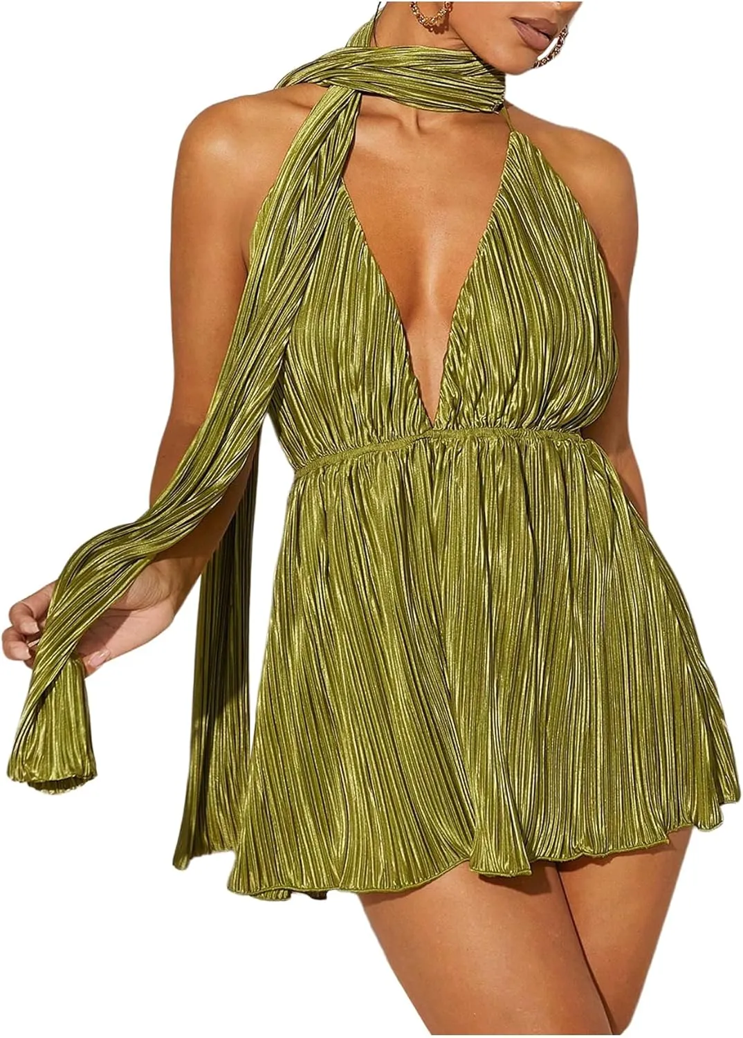 Milumia Women's Textured Low Cut Halter Neck Dress Crisscross Backless Sexy Summer Dresses Rompers