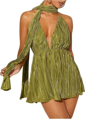 Milumia Women's Textured Low Cut Halter Neck Dress Crisscross Backless Sexy Summer Dresses Rompers