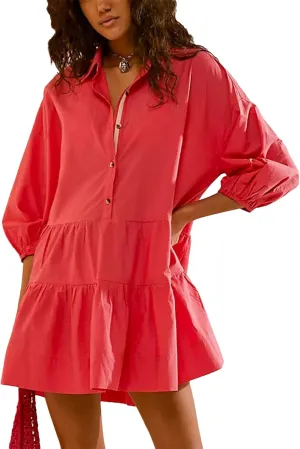 Mingzhu Women's Summer Flowy 3/4 Sleeve Babydoll Mini Dress Tiered Short Shirtdress with Pockets