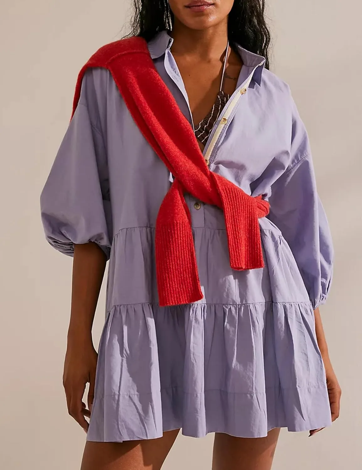 Mingzhu Women's Summer Flowy 3/4 Sleeve Babydoll Mini Dress Tiered Short Shirtdress with Pockets