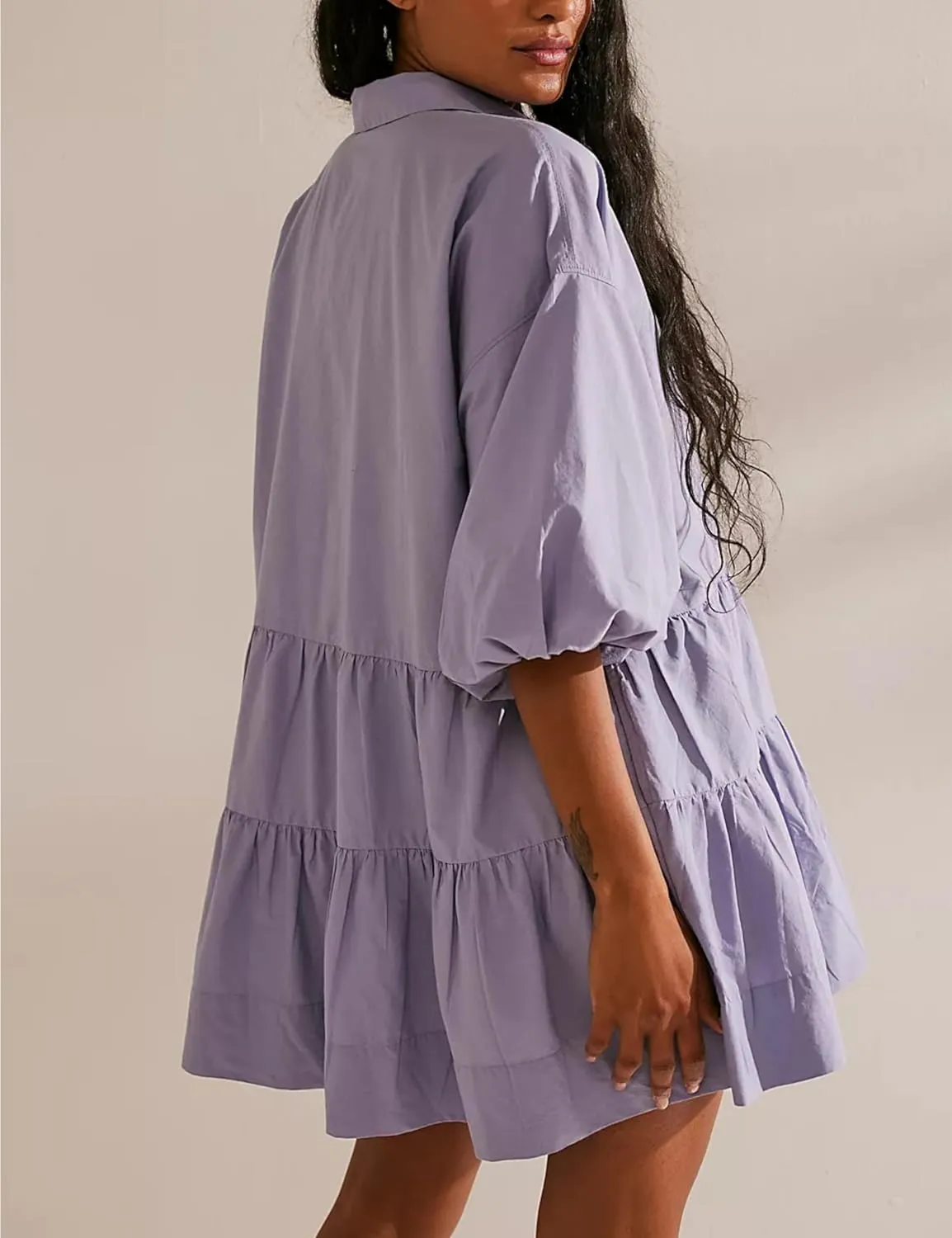Mingzhu Women's Summer Flowy 3/4 Sleeve Babydoll Mini Dress Tiered Short Shirtdress with Pockets