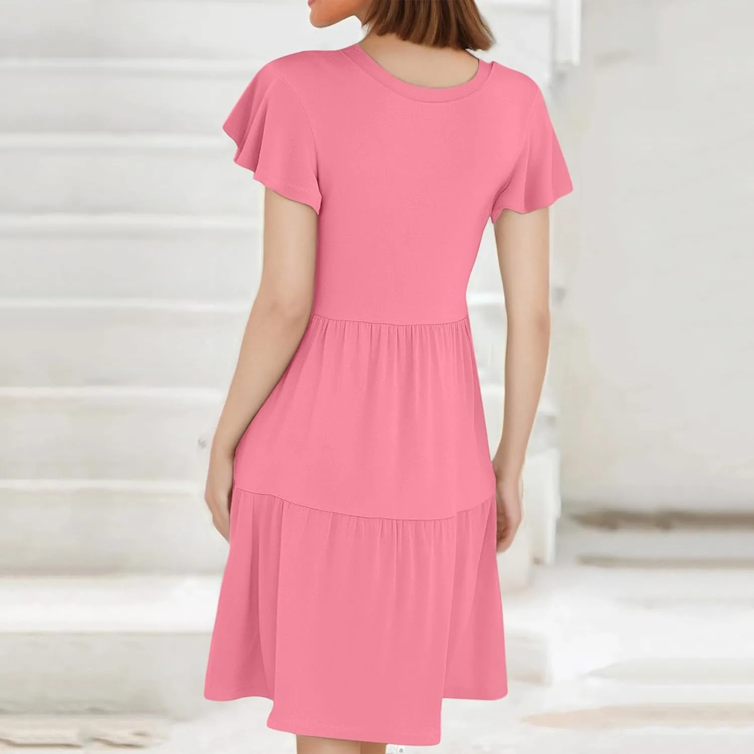 Mini Dresses for Women Tiered Crewneck Ruffle Short Sleeve Dress Summer Casual Loose Fit Beach Vacation Dresses