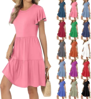 Mini Dresses for Women Tiered Crewneck Ruffle Short Sleeve Dress Summer Casual Loose Fit Beach Vacation Dresses