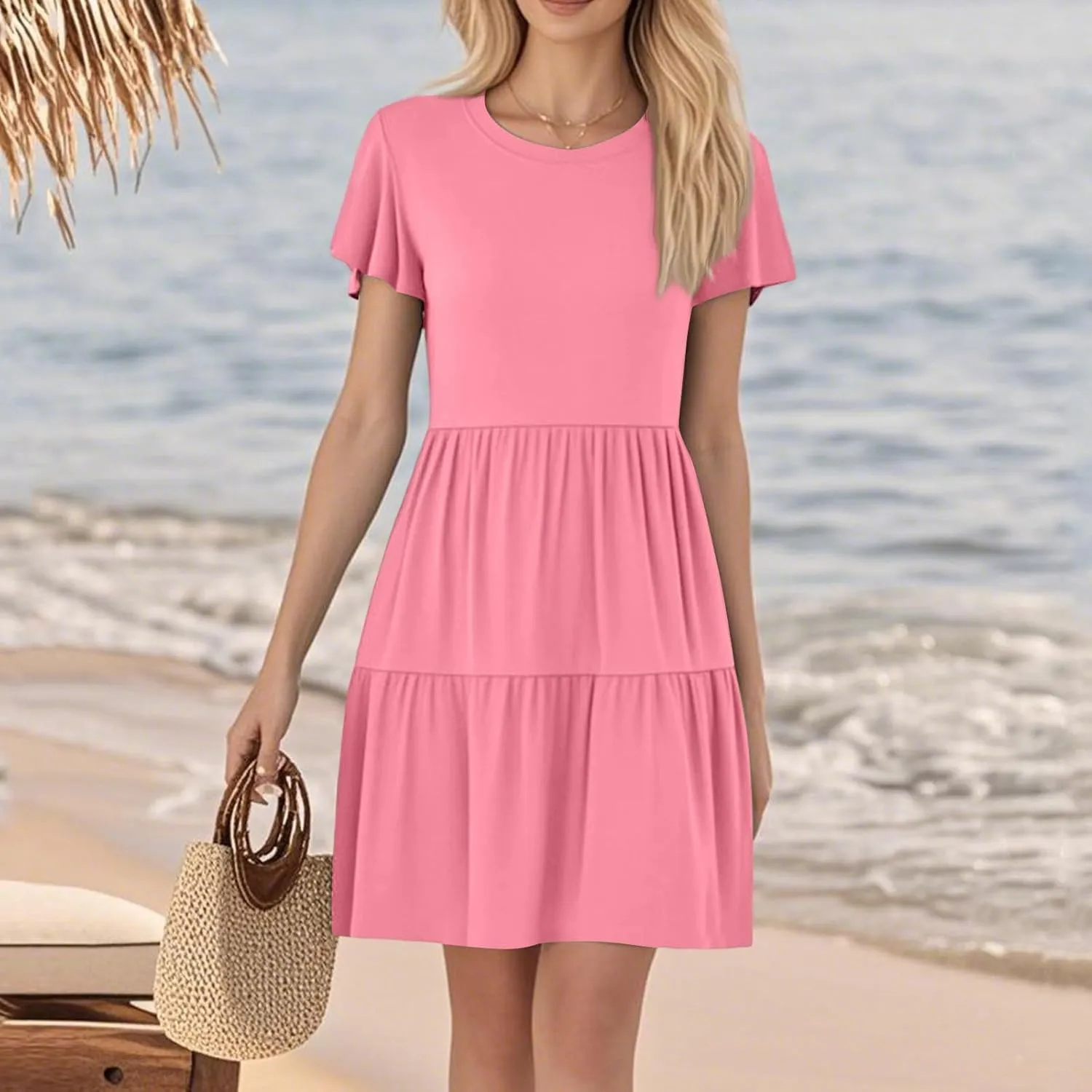 Mini Dresses for Women Tiered Crewneck Ruffle Short Sleeve Dress Summer Casual Loose Fit Beach Vacation Dresses