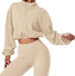 MISSACTIVER Women Casual Zip Up Stand Collar Crop Workout Sweatshirt Long Sleeve Drawstring Hem Cropped Sport Jackets Top