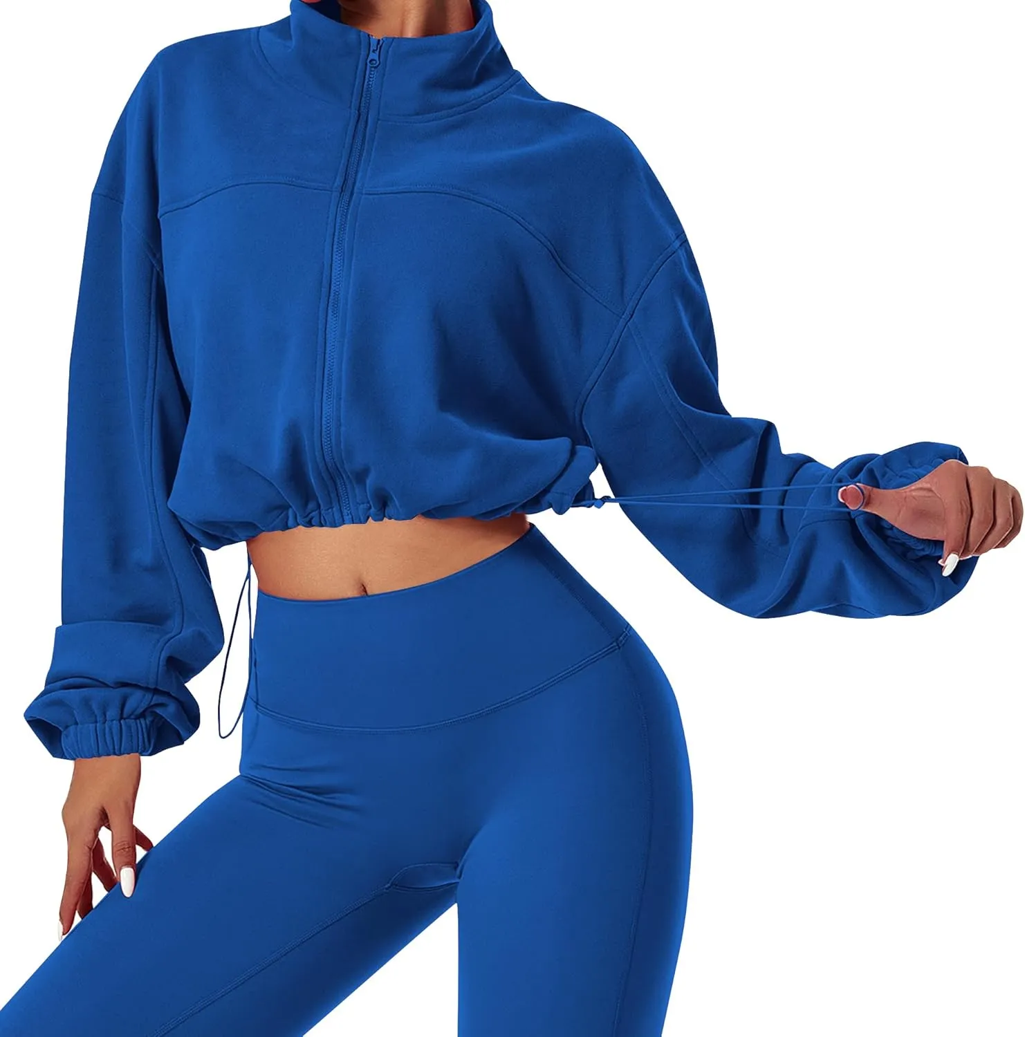 MISSACTIVER Women Casual Zip Up Stand Collar Crop Workout Sweatshirt Long Sleeve Drawstring Hem Cropped Sport Jackets Top