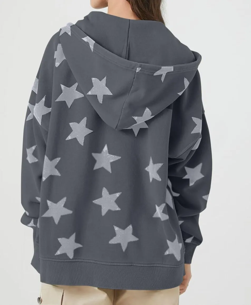 MISSACTIVER Women Star Graphic Zip Up Hoodies Y2k Drawstring Star Print Sweatshirt Oversized Jackets with Slant Front Pocket