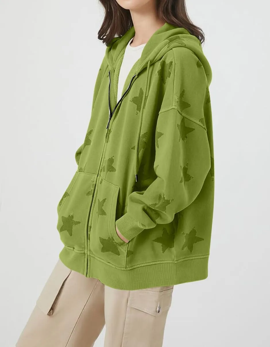 MISSACTIVER Women Star Graphic Zip Up Hoodies Y2k Drawstring Star Print Sweatshirt Oversized Jackets with Slant Front Pocket