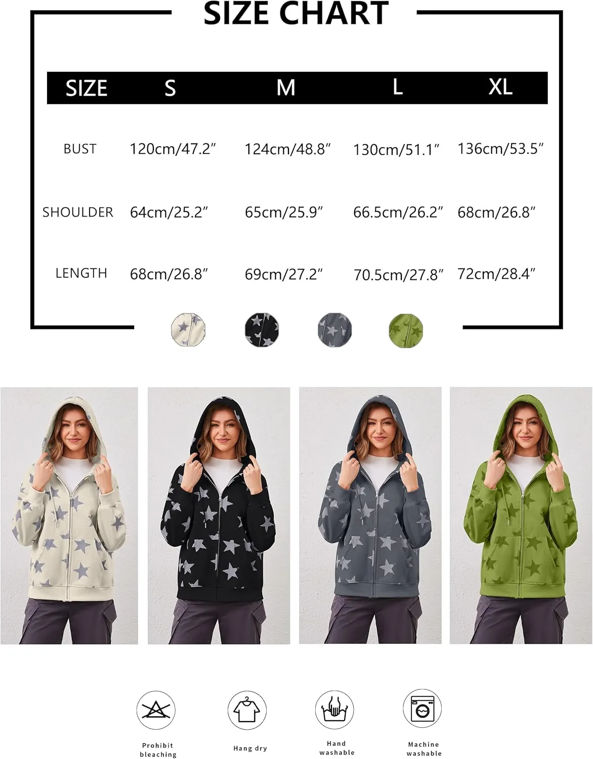 MISSACTIVER Women Star Graphic Zip Up Hoodies Y2k Drawstring Star Print Sweatshirt Oversized Jackets with Slant Front Pocket