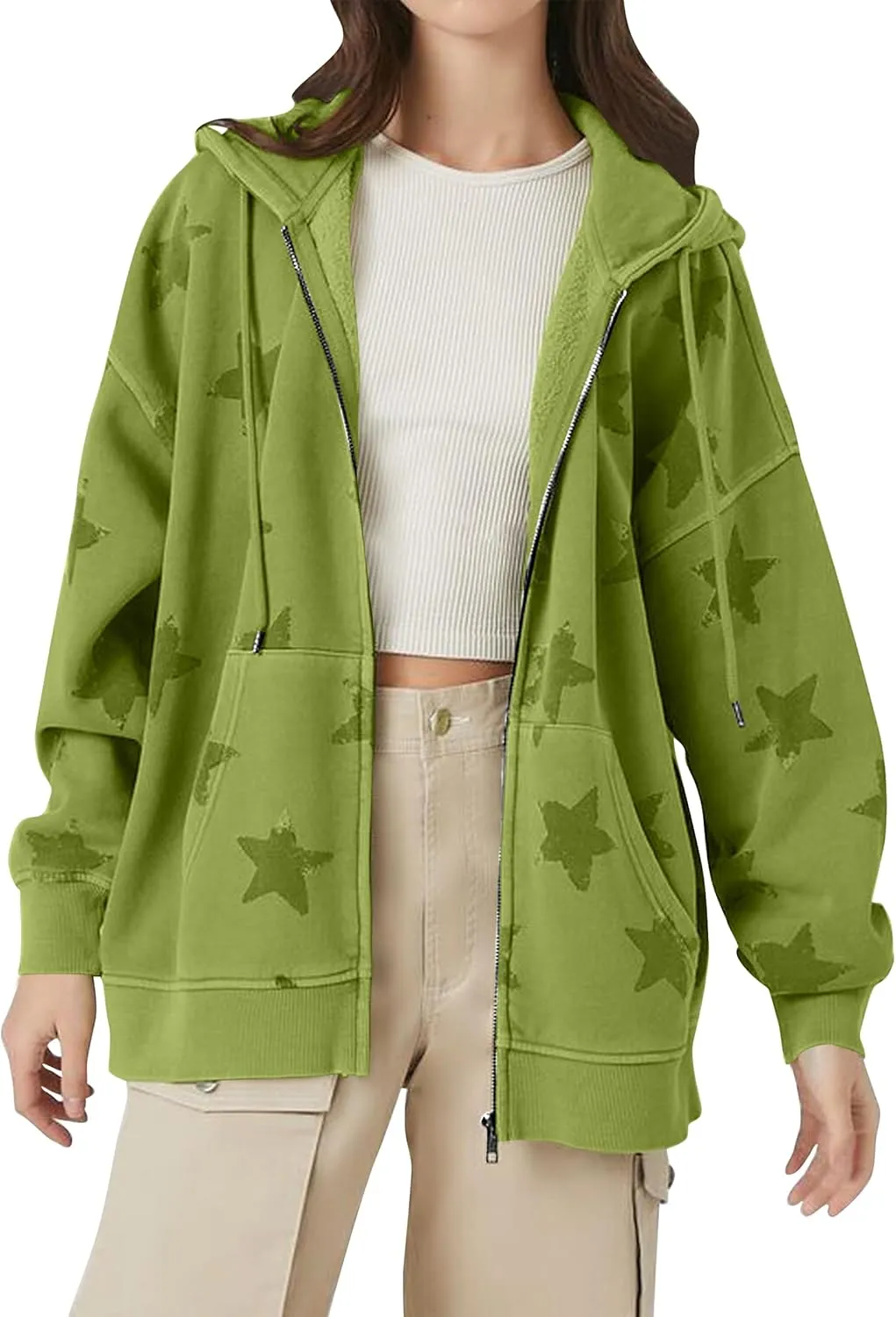 MISSACTIVER Women Star Graphic Zip Up Hoodies Y2k Drawstring Star Print Sweatshirt Oversized Jackets with Slant Front Pocket