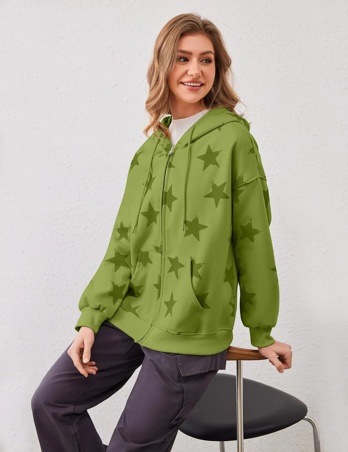 MISSACTIVER Women Star Graphic Zip Up Hoodies Y2k Drawstring Star Print Sweatshirt Oversized Jackets with Slant Front Pocket