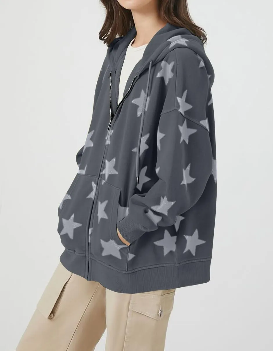 MISSACTIVER Women Star Graphic Zip Up Hoodies Y2k Drawstring Star Print Sweatshirt Oversized Jackets with Slant Front Pocket