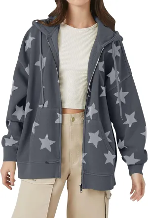 MISSACTIVER Women Star Graphic Zip Up Hoodies Y2k Drawstring Star Print Sweatshirt Oversized Jackets with Slant Front Pocket