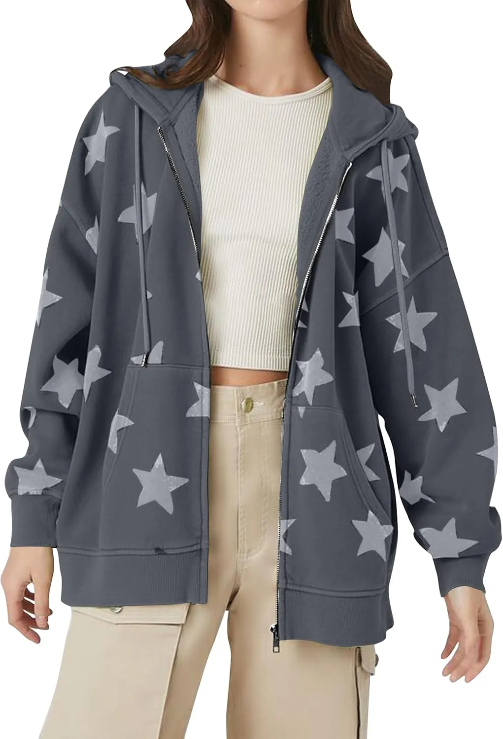 MISSACTIVER Women Star Graphic Zip Up Hoodies Y2k Drawstring Star Print Sweatshirt Oversized Jackets with Slant Front Pocket