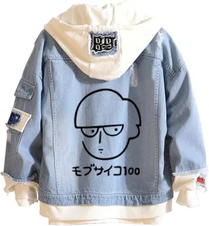 Mob Psycho 100 Denim Jacket Hoodie Kageyama Shigeo Cosplay Hooded Jeans Jacket Men Women Trucker Jeans Coat