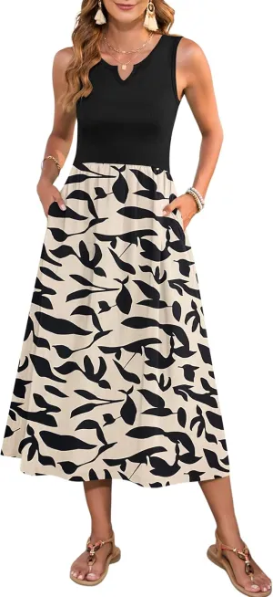 MOLERANI Women Summer Casual Sleeveless Midi Sundress 2025 Patchwork Knit V Neck Tank Flowy Beach Vacation Dress with Pockets