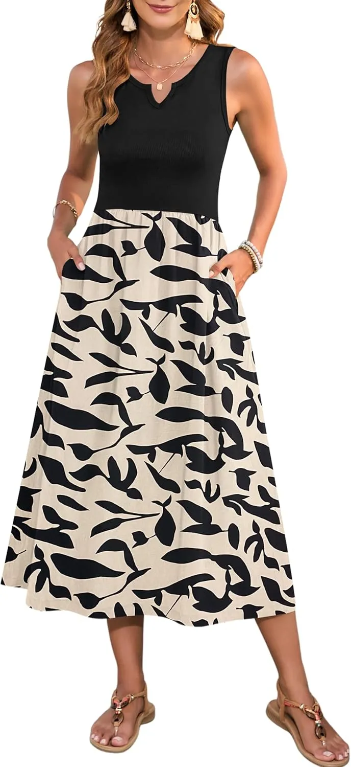 MOLERANI Women Summer Casual Sleeveless Midi Sundress 2025 Patchwork Knit V Neck Tank Flowy Beach Vacation Dress with Pockets
