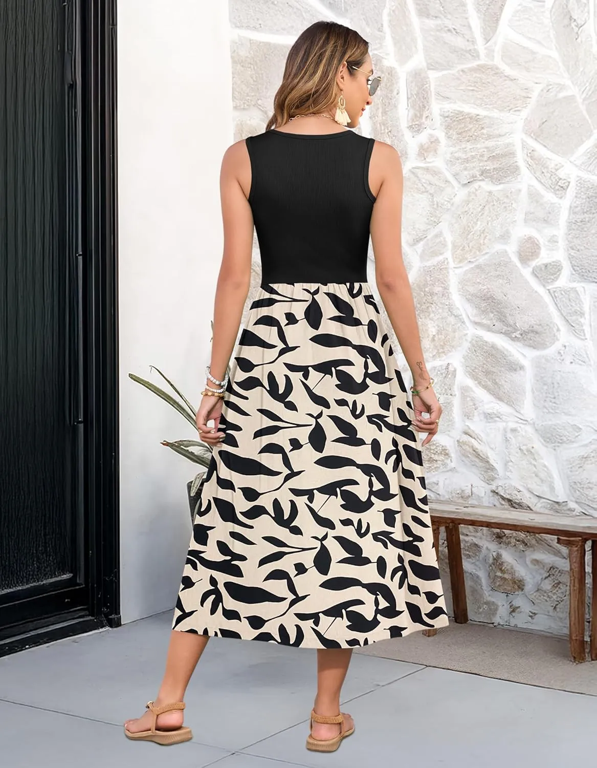 MOLERANI Women Summer Casual Sleeveless Midi Sundress 2025 Patchwork Knit V Neck Tank Flowy Beach Vacation Dress with Pockets