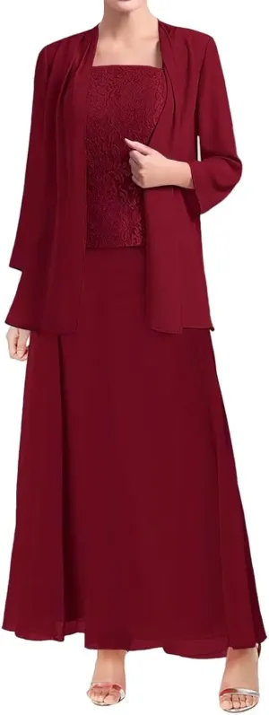 Mother of The Bride Dresses for Wedding Long Sleeve Chiffon Wedding Guest Formal Party Gown with Jackets