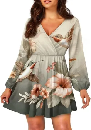 Mushroom Women's Deep V Neck Long Sleeve Casual Summer Dress A-Line Spring Fall Dresses
