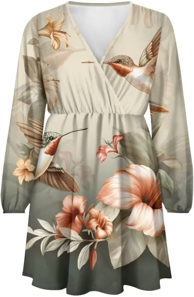 Mushroom Women's Deep V Neck Long Sleeve Casual Summer Dress A-Line Spring Fall Dresses