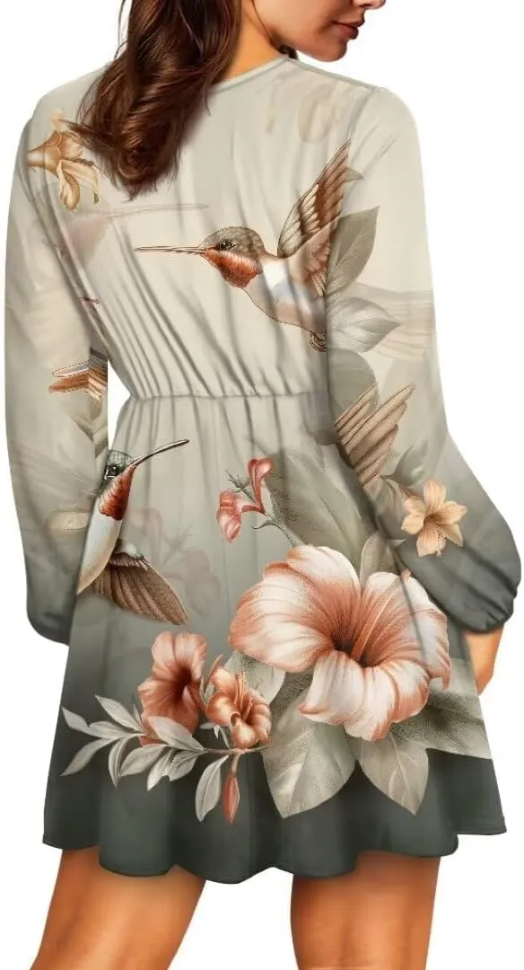 Mushroom Women's Deep V Neck Long Sleeve Casual Summer Dress A-Line Spring Fall Dresses
