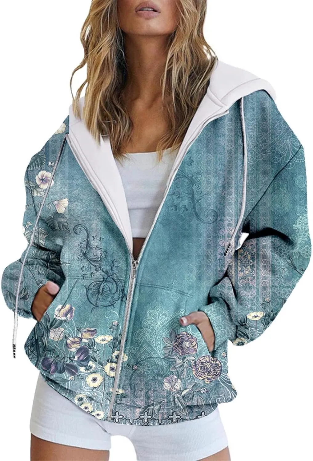 Muyise Womens Full Zip Up Hoodies Long Sleeve Oversized Y2K Coat Trendy Fall Outfits Casual Drawstring Jackets with Pockets