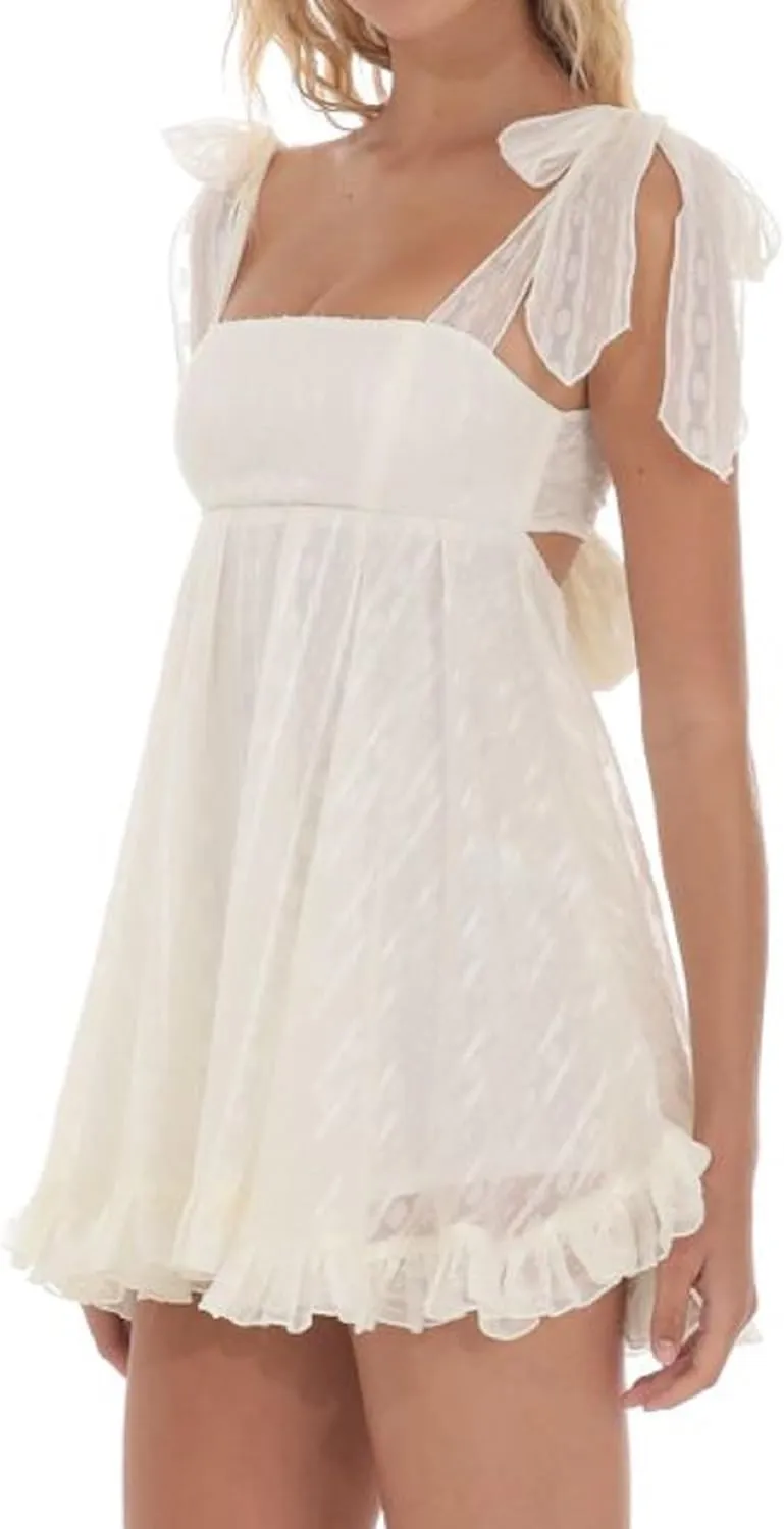 NUFIWI 2025 Bow Tie Graduation Mini Dress for Women Square Neck Tiered Flowy A Line Mini Dresses Sleeveless Flare Sundress