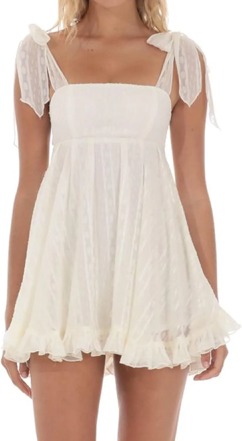 NUFIWI 2025 Bow Tie Graduation Mini Dress for Women Square Neck Tiered Flowy A Line Mini Dresses Sleeveless Flare Sundress