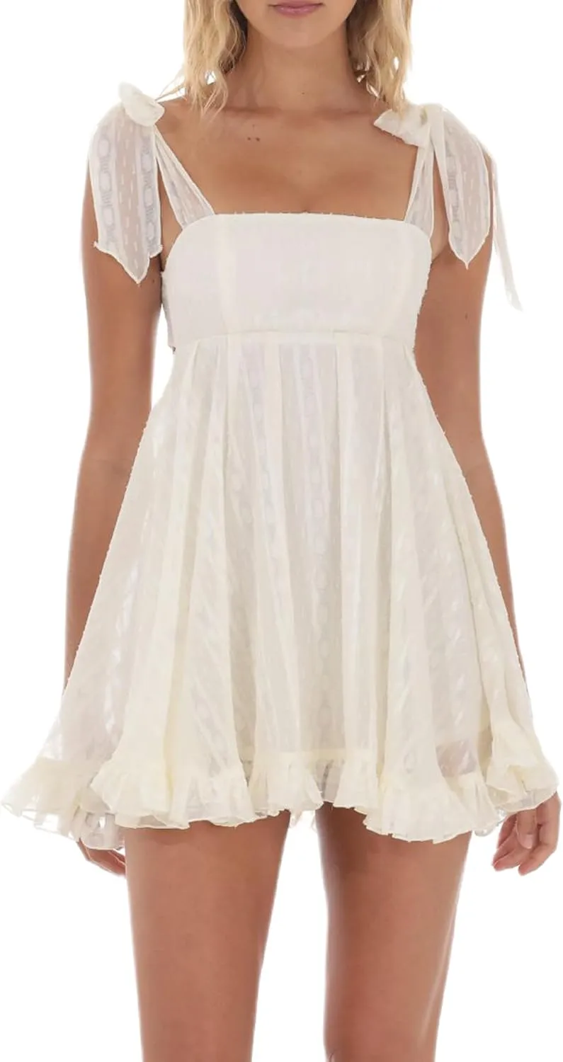 NUFIWI 2025 Bow Tie Graduation Mini Dress for Women Square Neck Tiered Flowy A Line Mini Dresses Sleeveless Flare Sundress