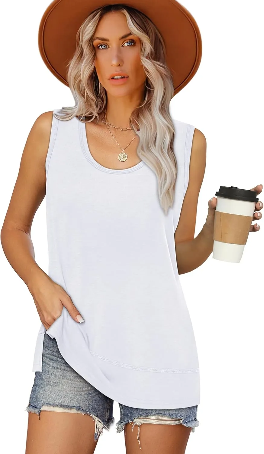 OFEEFAN Women's Side Slit Tank Tops Flowy Sleeveless Shirts Loose Fit Scoop Neck Tops Basic Casual S-4XL