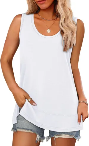 OFEEFAN Women's Side Slit Tank Tops Flowy Sleeveless Shirts Loose Fit Scoop Neck Tops Basic Casual S-4XL