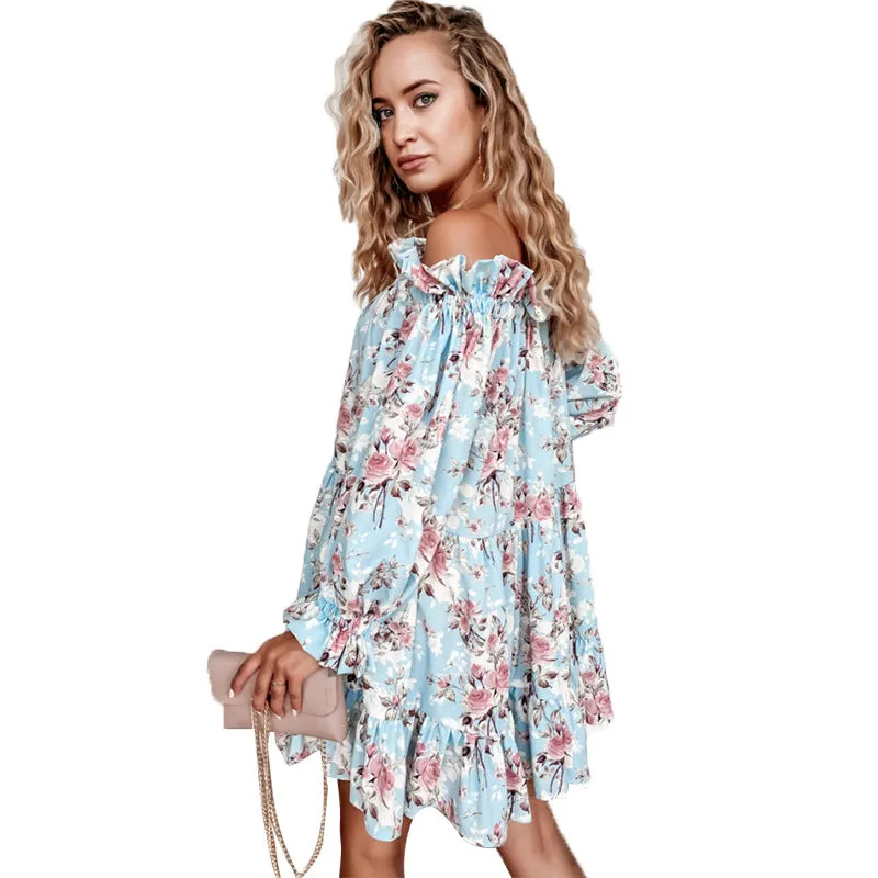 One-Line Neck Long Sleeve Printed Loose Wholesale Boho Dress