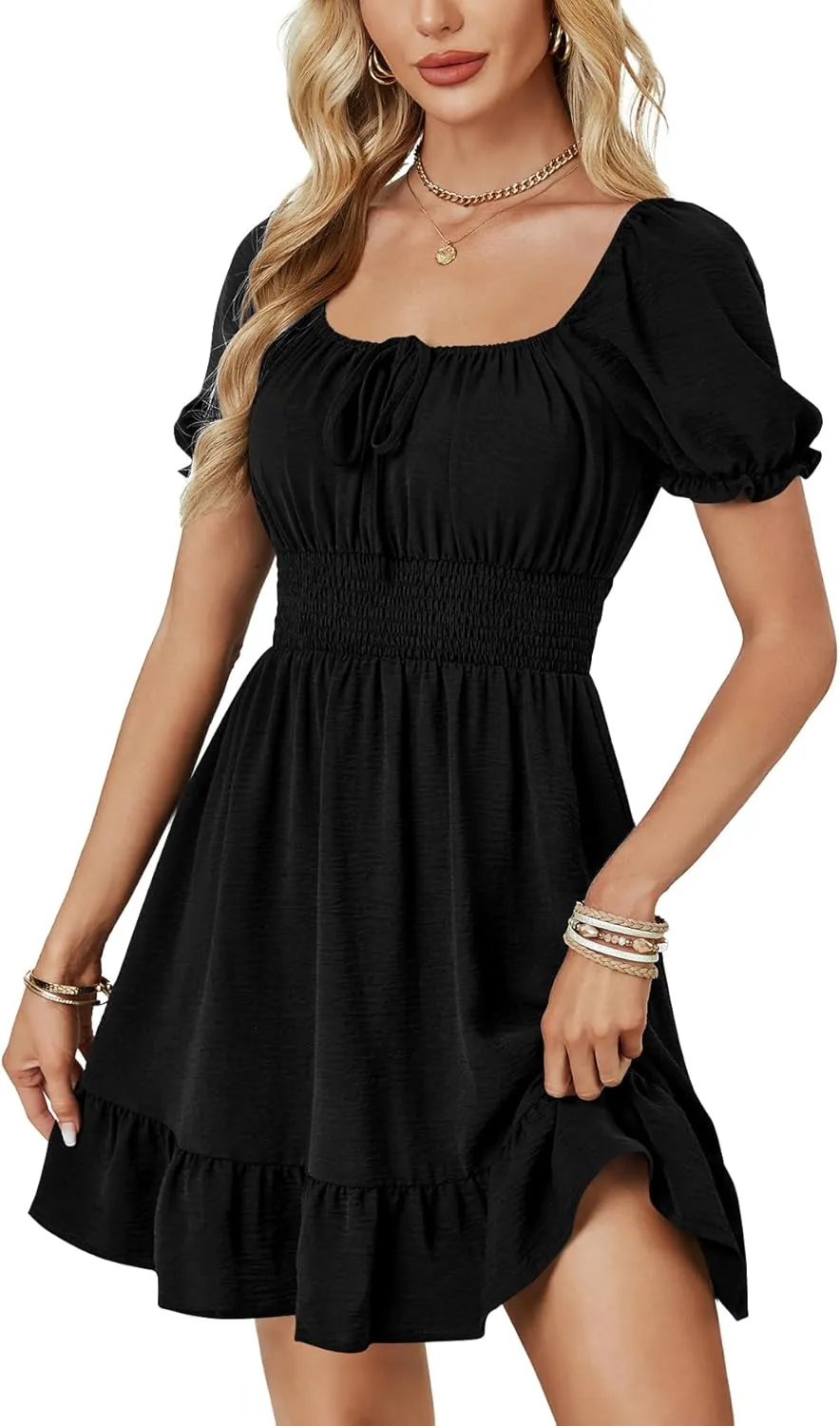 OPOIPIN Women's Square Neck Flounce Short Sleeve Ruffle Hem A Line Short Dress
