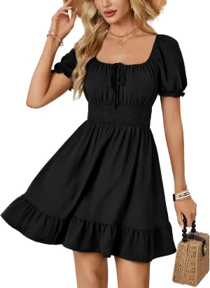 OPOIPIN Women's Square Neck Flounce Short Sleeve Ruffle Hem A Line Short Dress