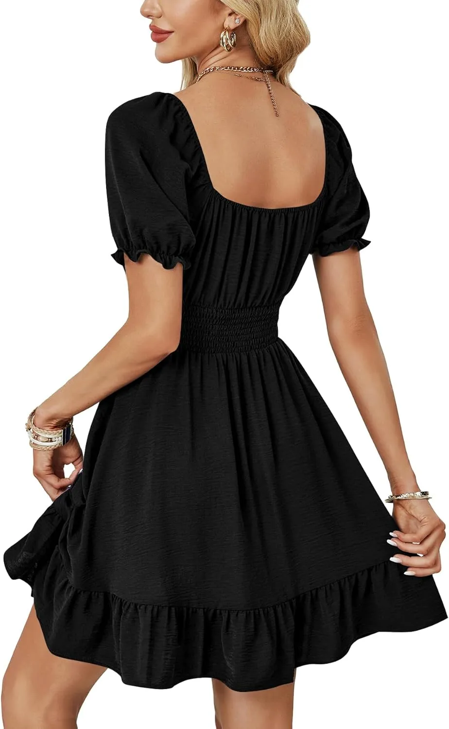 OPOIPIN Women's Square Neck Flounce Short Sleeve Ruffle Hem A Line Short Dress