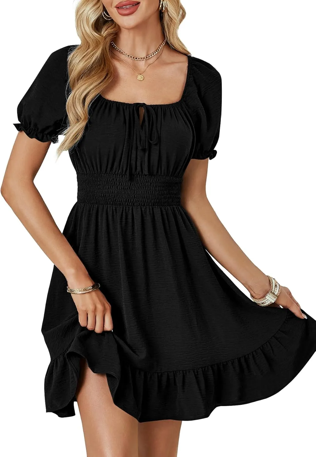 OPOIPIN Women's Square Neck Flounce Short Sleeve Ruffle Hem A Line Short Dress