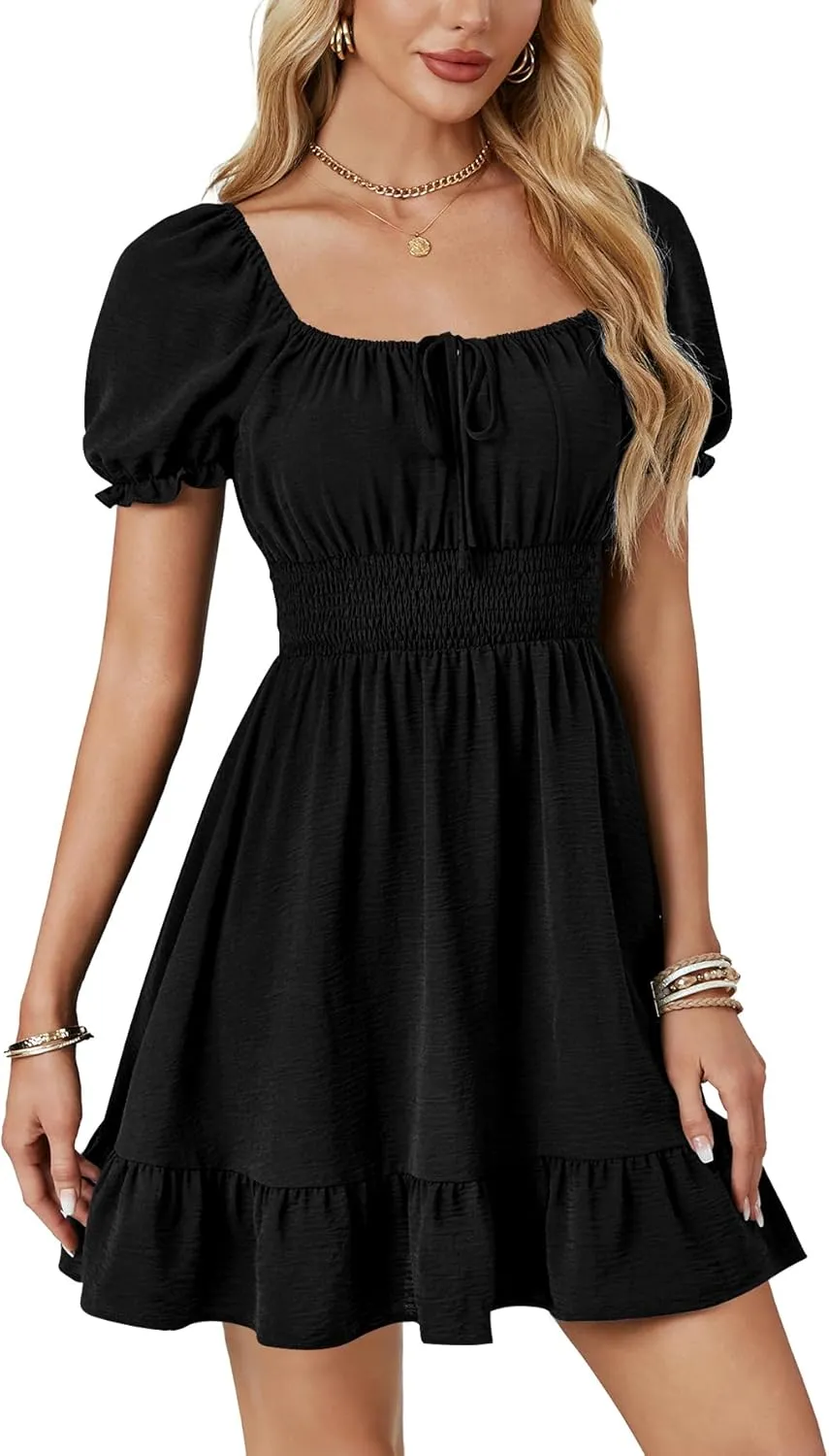 OPOIPIN Women's Square Neck Flounce Short Sleeve Ruffle Hem A Line Short Dress