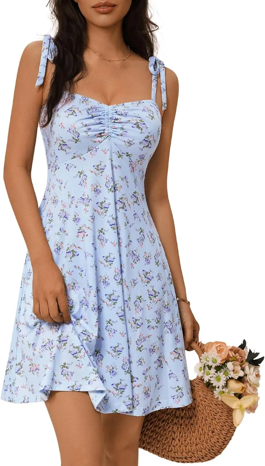 OURIN Women's Spring Sweetheart Neckline Tie Strap Summer Sundresses Sleeveless Mini Dress with Pockets