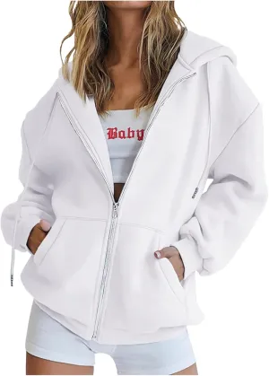 Oversized Zip Up Hoodies for Women Casual Drawstring Teen Girl Y2K Sweatshirts Long Sleeve Fall Jackets With Pockets