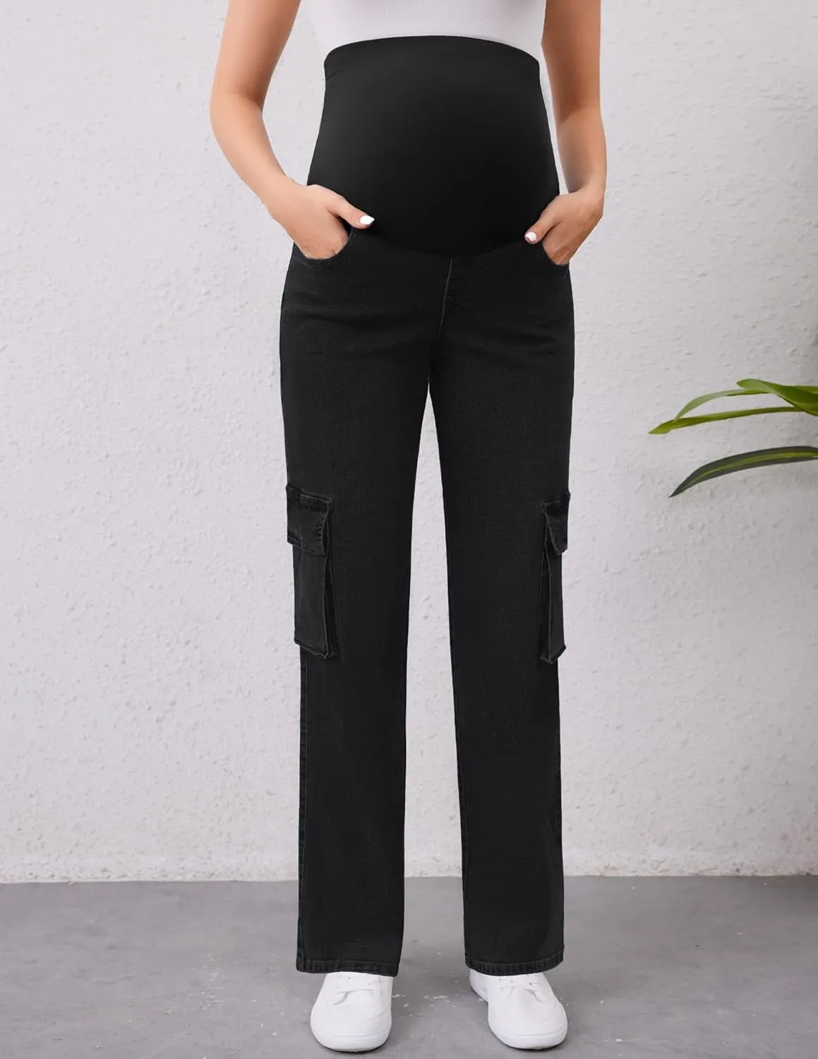 PACBREEZE Women's Maternity Jeans Cargo Straight Leg Relaxed Jeans Over Belly Comfy Denim Pregnancy Pants, S-XXL
