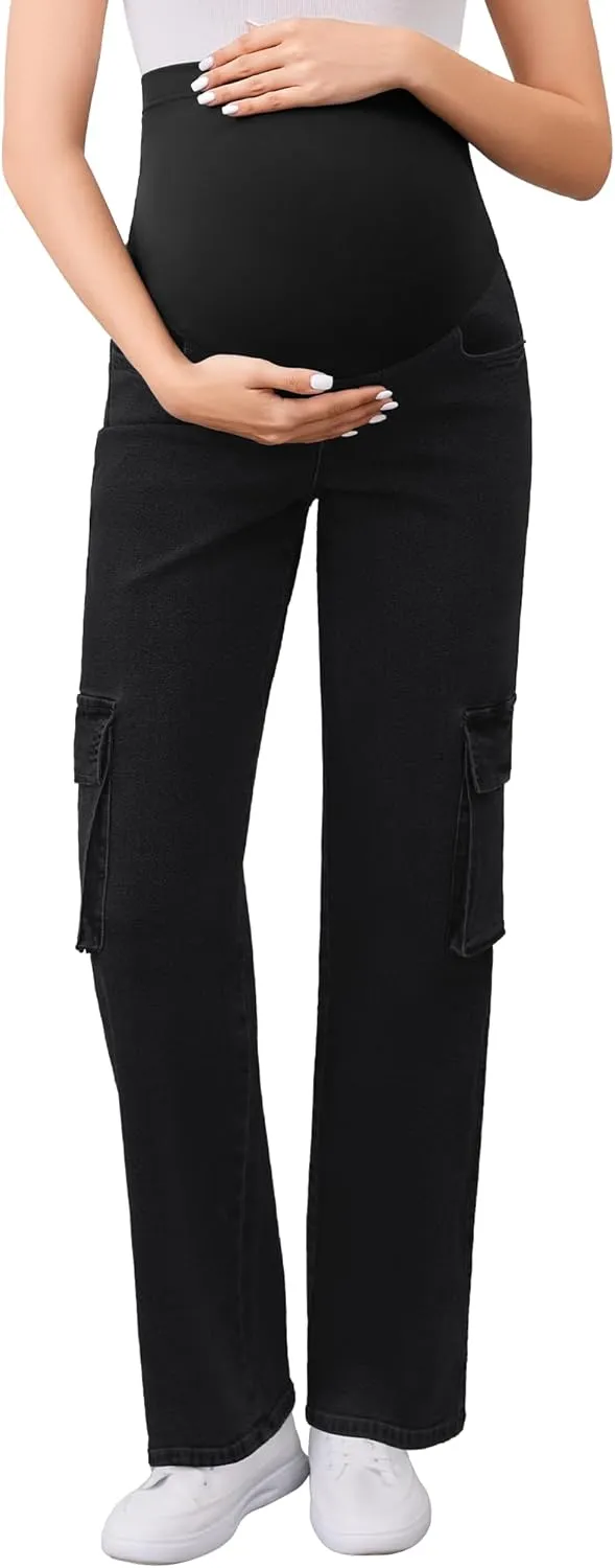 PACBREEZE Women's Maternity Jeans Cargo Straight Leg Relaxed Jeans Over Belly Comfy Denim Pregnancy Pants, S-XXL