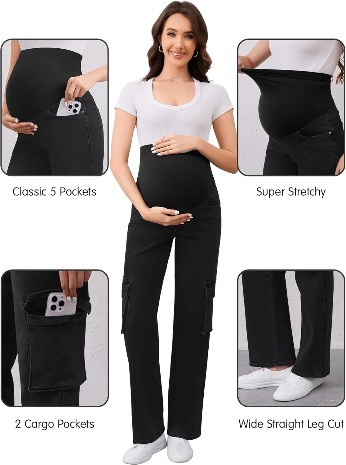 PACBREEZE Women's Maternity Jeans Cargo Straight Leg Relaxed Jeans Over Belly Comfy Denim Pregnancy Pants, S-XXL