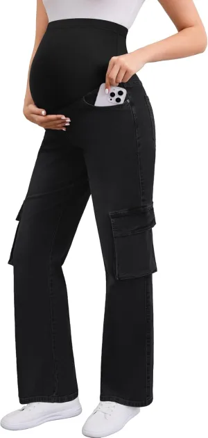 PACBREEZE Women's Maternity Jeans Cargo Straight Leg Relaxed Jeans Over Belly Comfy Denim Pregnancy Pants, S-XXL